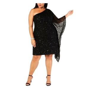 NWT Adrianna Papell One-Shoulder Black Beaded Kaftan Dress, Sz 3X